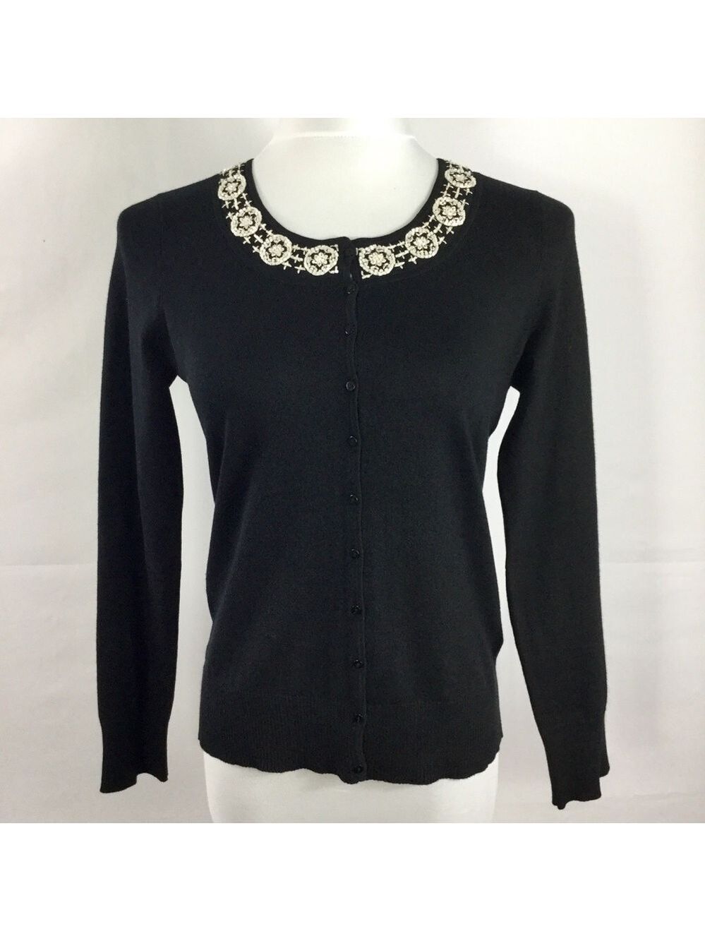 Sigrid Olsen Silk Blend Beaded Neckline Button Front Cardigan Sweater Size S